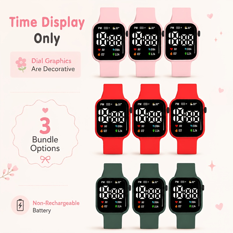 3pcs Square LED Digital Watch Set, Unisex Gift